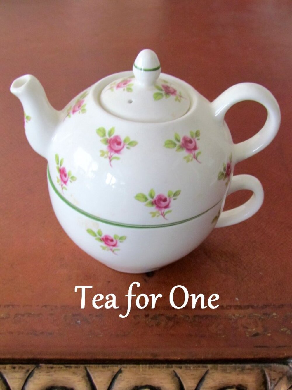 TEA CUP, w TEA POT on TOP; PINK ROSES, ENGLAND, TEA FOR ONE, LANE END POTTERY